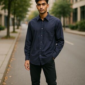 Alfani Men's Button Dark Blue/Black Striped Long Sleeved Sz 16.5” Iron Free New